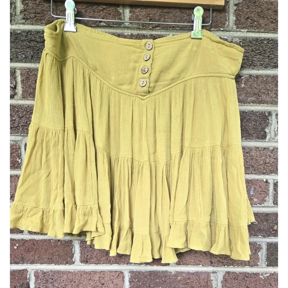 Free People Anza Large Lined Tiered Mustard Mini Skirt Ruffled Boho Coquette